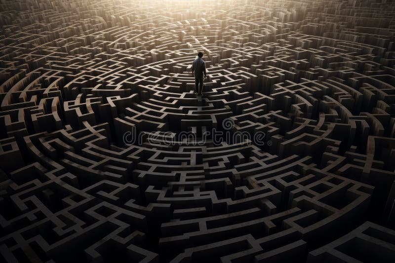 Disoriented Man stuck in the middle of maze. Confused male blocked in round labyrinth. Generate ai AI generated. Disoriented Man stuck in the middle of maze. Confused male blocked in round labyrinth. Generate ai AI generated