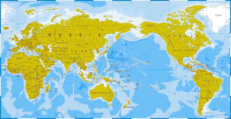 Gedetailleerd Blauwgroen van de wereldkaart - Azië in Centrum vector illustratie Gedetailleerd Blauwgroen van de wereldkaart - Azië in Centrum vector illustratie