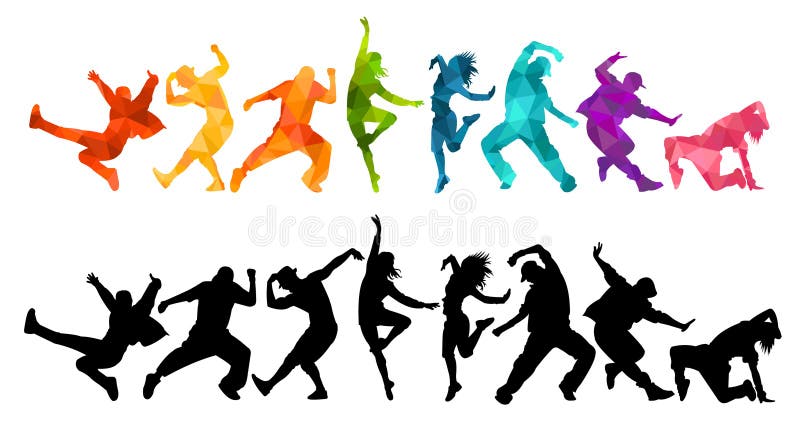 Gedetailleerde illustratiesilhouetten van het expressieve dansmensen dansen Jazzlafbek, hiphop, huisdans het van letters voorzien Gedetailleerde illustratiesilhouetten van het expressieve dansmensen dansen Jazzlafbek, hiphop, huisdans het van letters voorzien