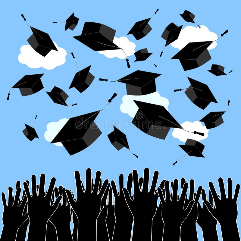 Gediplomeerde Handen die op Graduatiehoeden werpen De achtergrond van de graduatieceremonie vector illustratie Gediplomeerde Handen die op Graduatiehoeden werpen De achtergrond van de graduatieceremonie vector illustratie