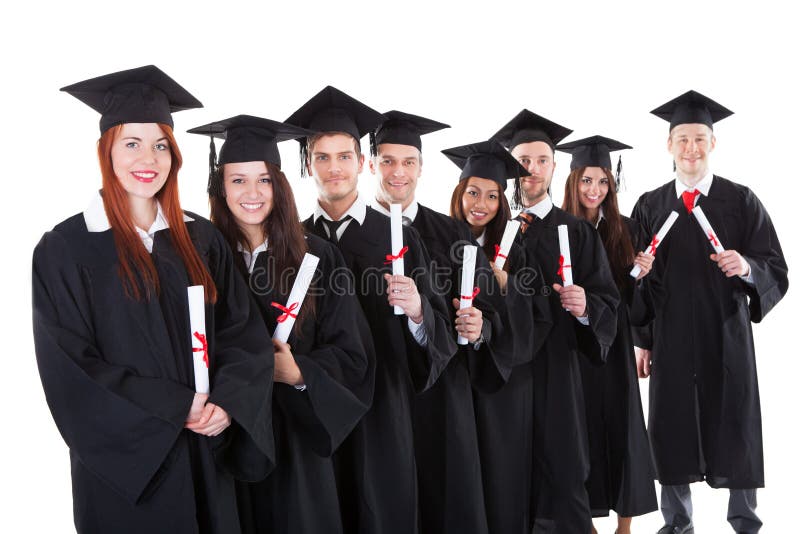 Graduate students standing in row holding diplomas. Isolated on white. Graduate students standing in row holding diplomas. Isolated on white