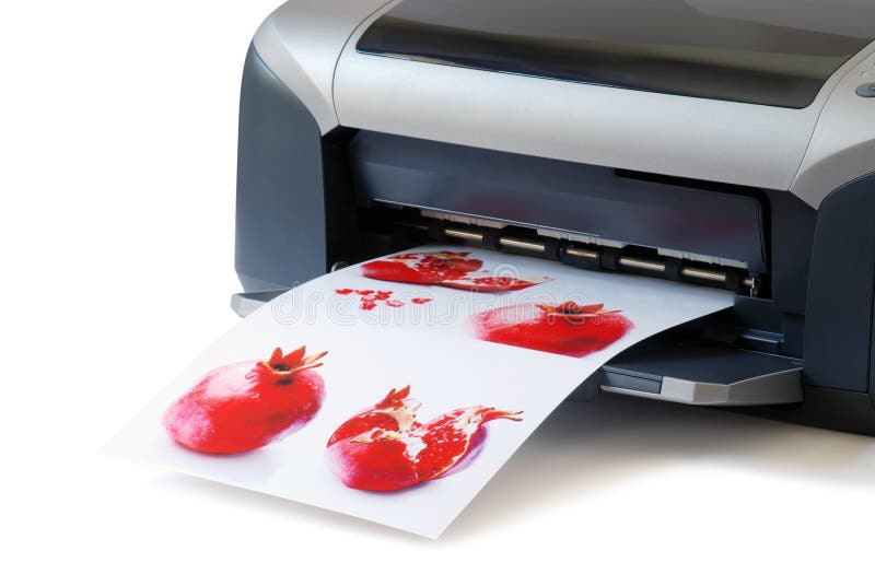 Printer and printed images on white background. Printer and printed images on white background