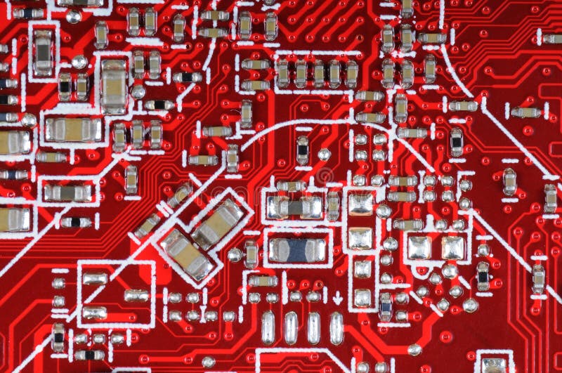 Detail of red printed circuit board with electronic components. Detail of red printed circuit board with electronic components.