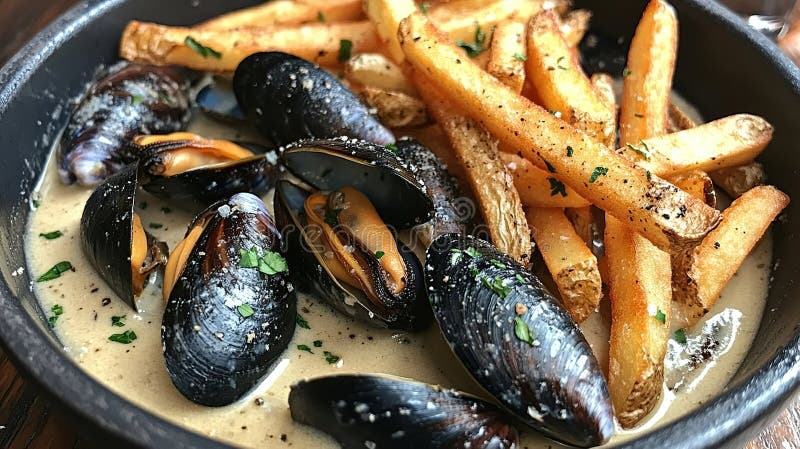 Gedämpfte Muscheln in cremiger Sauce mit knusprigen Pommes frites lizenzfreie abbildung