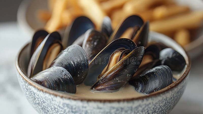 Gedämpfte Muscheln in cremiger Sauce mit Pommes frites stock abbildung