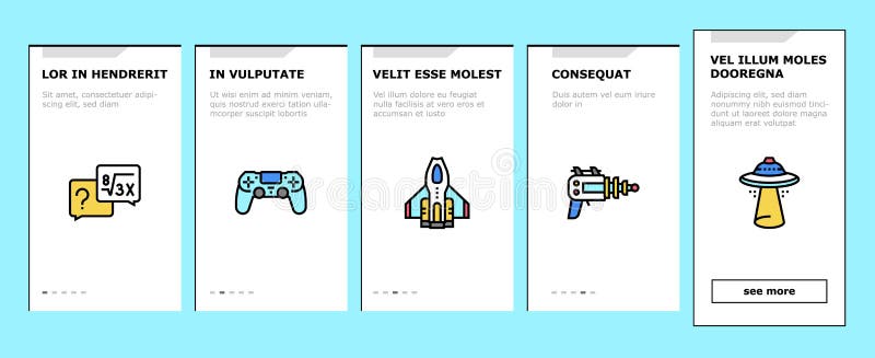 Geek nerd und gamer onboarding icons set vektor. Geek nerd und gamer onboarding mobile app seite bildschirm vektor. Schach und Videospiel Mathematik und Astrologie Ufo und futuristische Waffe Geek Illustrationen