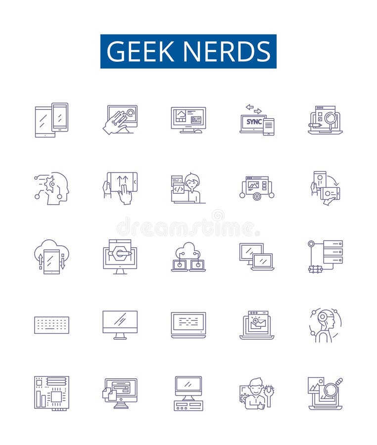 Geek nerds línea iconos conjunto. colección de diseño programador de tecnología geek nerds informático nerd geeky coder libre illustration
