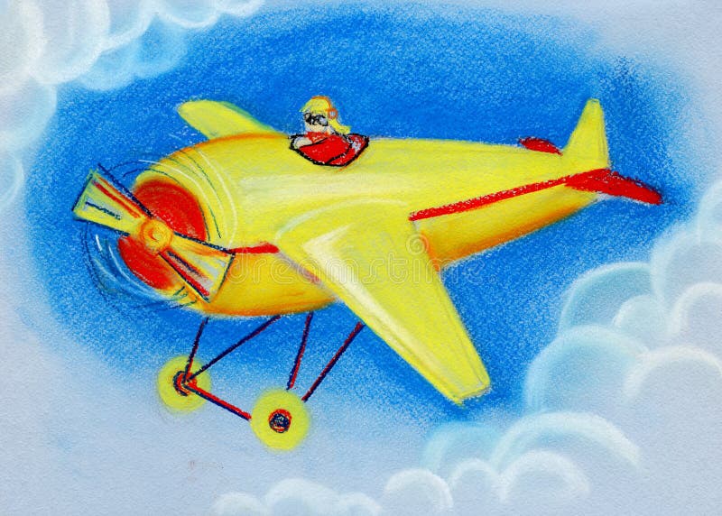Geel met rood en zwart strepen retro stuk speelgoed vliegtuig in de blauwe hemel Hand-drawn illustratie van droge pastelkleur royalty-vrije illustratie Geel met rood en zwart strepen retro stuk speelgoed vliegtuig in de blauwe hemel Hand-drawn illustratie van droge pastelkleur royalty-vrije illustratie