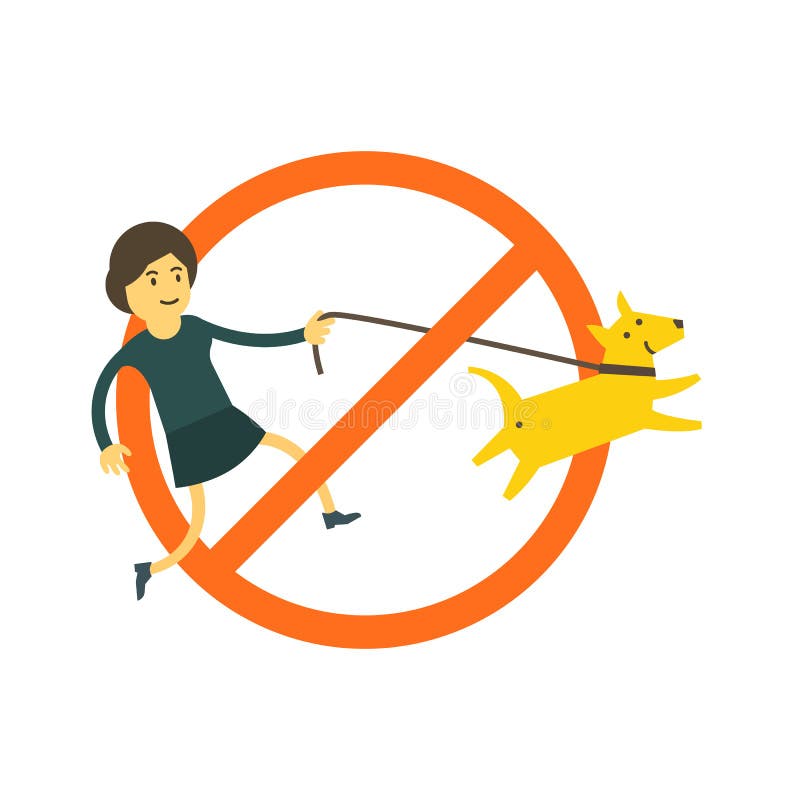 Geen toegestane honden De hond die is belemmerd loopt Teken van het verbod in het park Geen toegestane ingang Vrouw met een huisd royalty-vrije illustratie Geen toegestane honden De hond die is belemmerd loopt Teken van het verbod in het park Geen toegestane ingang Vrouw met een huisd royalty-vrije illustratie