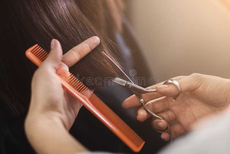 Geernteter Schuss des weiblichen Kunden einen Haarschnitt empfangend stockbilder Geernteter Schuss des weiblichen Kunden einen Haarschnitt empfangend stockbilder