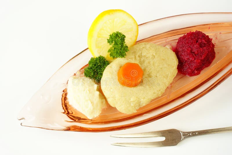 Traditional Jewish dish - ground fish patties with horseradish. Kosher stock images, royalty-free photos and pictures