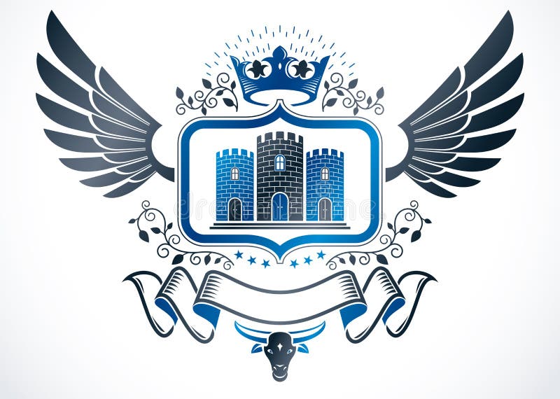 Geflügeltes Emblem der Weinlese hergestellt im heraldischen Design des Vektors und in Baut. lizenzfreie abbildung Geflügeltes Emblem der Weinlese hergestellt im heraldischen Design des Vektors und in Baut. lizenzfreie abbildung