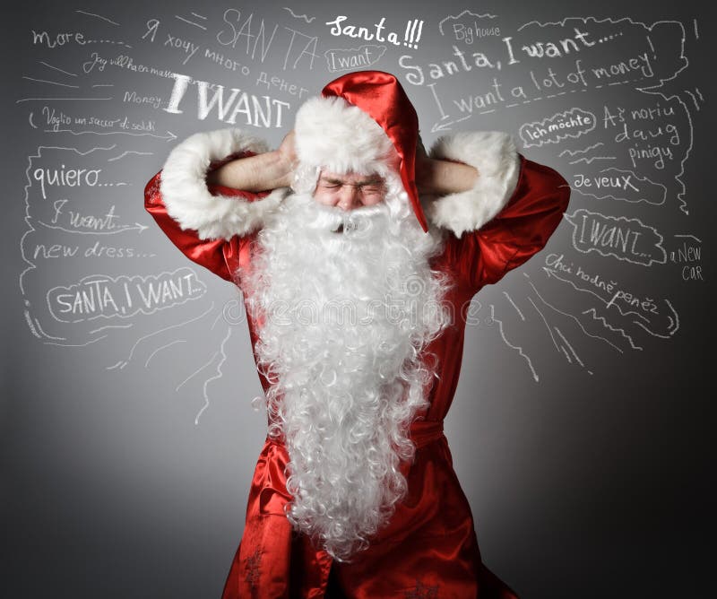 Gefrustreerde Santa Claus en vele wensen royalty-vrije stock afbeelding Gefrustreerde Santa Claus en vele wensen royalty-vrije stock afbeelding