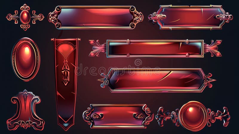 Illustration with the symbols of a game interface, buttons or banners with ornate rims. Royal gui bars for a real or virtual world, luxury borders, cartoon illustrations.. AI generated. Illustration with the symbols of a game interface, buttons or banners with ornate rims. Royal gui bars for a real or virtual world, luxury borders, cartoon illustrations.. AI generated
