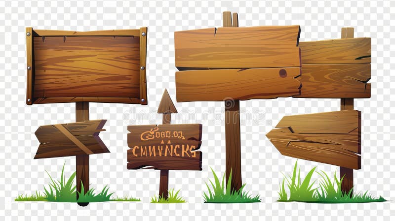 Isolated 3D wooden signboard set with arrows and direction indicators. Modern illustration of real-time game elements such as arrow signs, green grass near poles, and directions signs.. AI generated. Isolated 3D wooden signboard set with arrows and direction indicators. Modern illustration of real-time game elements such as arrow signs, green grass near poles, and directions signs.. AI generated