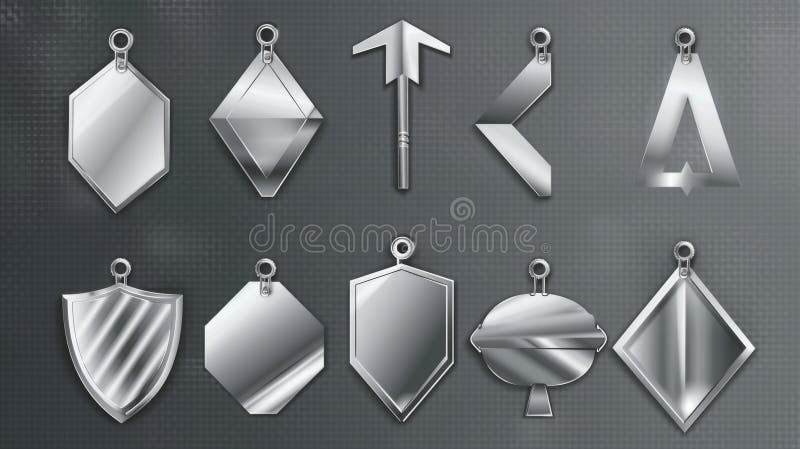 Blank stainless steel tags isolated on transparent background. Modern realistic illustration of game menu, arrow sign, nameplate UI frames, shiny buttons, glossy blank badges.. AI generated. Blank stainless steel tags isolated on transparent background. Modern realistic illustration of game menu, arrow sign, nameplate UI frames, shiny buttons, glossy blank badges.. AI generated