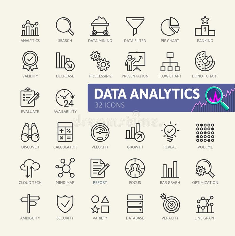 Gegevensanalyse, statistieken, analytics - minimale dunne het pictogramreeks van het lijnweb De inzameling van overzichtspictogra royalty-vrije illustratie Gegevensanalyse, statistieken, analytics - minimale dunne het pictogramreeks van het lijnweb De inzameling van overzichtspictogra royalty-vrije illustratie