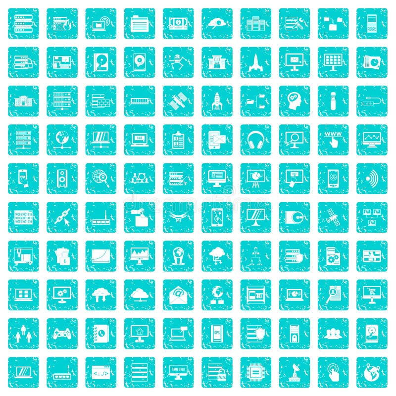 100 database and cloud icons set in grunge style blue color isolated on white background vector illustration. 100 database and cloud icons set in grunge style blue color isolated on white background vector illustration