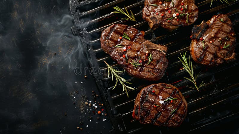 Gegrillte Fleischsteaks, die auf einem Grill mit Kräutern und Gewürzen schwitzen. perfekt für kulinarische Webseiten und Lebensmit lizenzfreie stockfotos