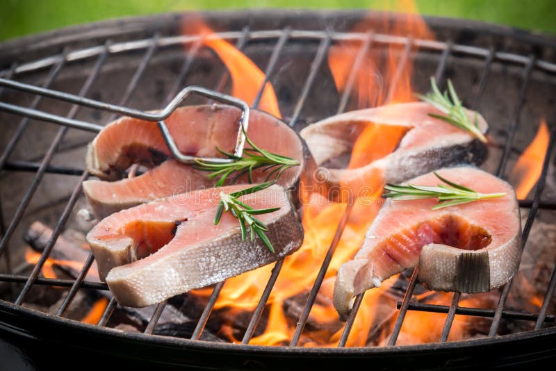 Gegrillte Lachssteaks stockfoto. Bild von nahrung, orange - 40686744