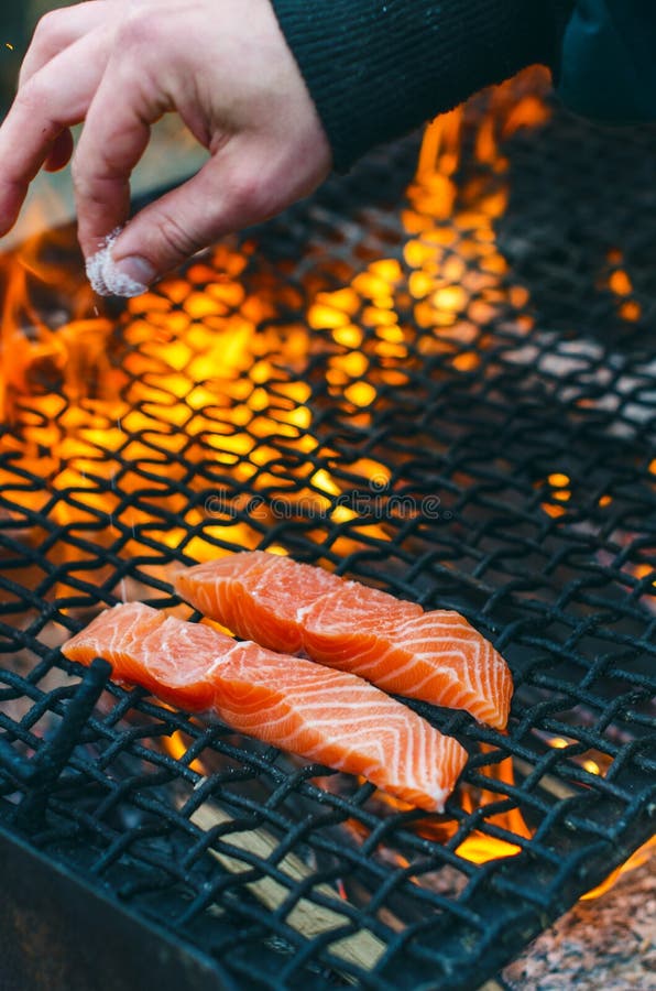 Gegrillte Lachssteaks auf einem Grill Feuerflammengrill Restaurant- und Gartenküche Gartenfest Gesunder Teller stockfotografie Gegrillte Lachssteaks auf einem Grill Feuerflammengrill Restaurant- und Gartenküche Gartenfest Gesunder Teller stockfotografie