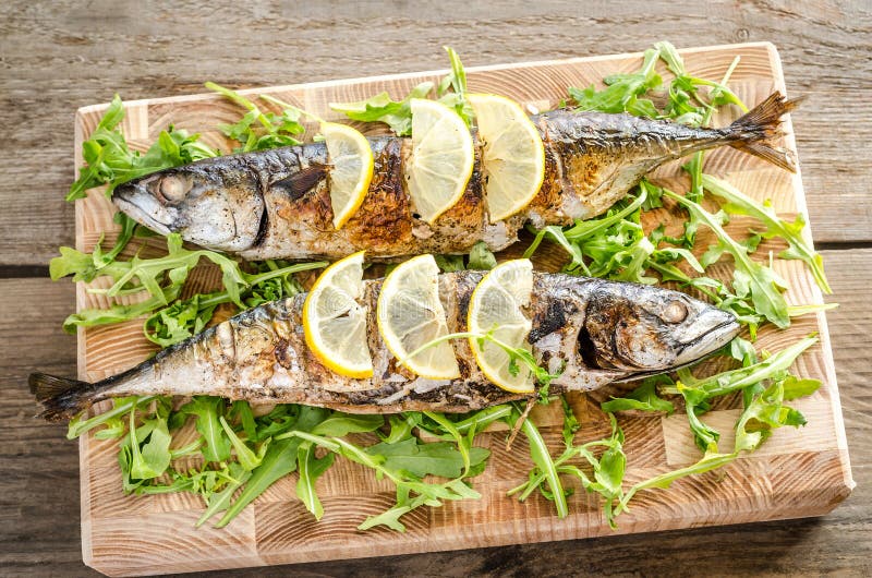 Gegrillte Makrele Mit Frischem Rucola Stockbild - Bild von schmieröl ...