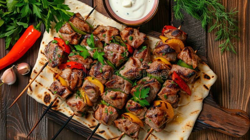 Gegrillte Shish Kebabs mit Gemüse auf Holzbrett. bunte und köstliche Grillspieße. ideal für Picknick im Freien stockbild