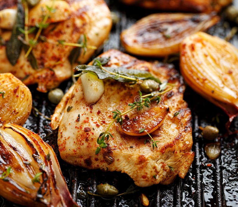 Gegrillte Truthahnleiste mit Zusatz von Kräutern, von Gewürzen und von Gemüse stockbild