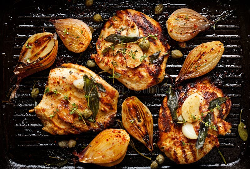 Gegrillte Truthahnleiste mit Zusatz von Kräutern, von Gewürzen und von Gemüse stockbild