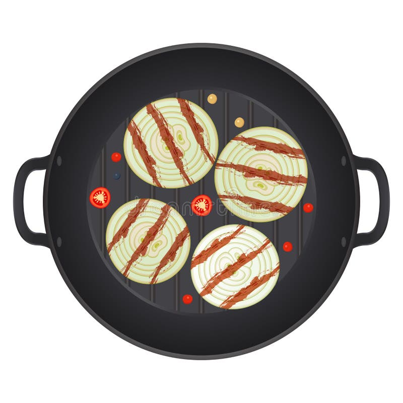Gegrillten Ausschneiden Zwiebel in einer Wanne mit den Paprikapfeffern isoliert auf weißem Hintergrund. Ringe der Zwiebel. Vektori stock abbildung