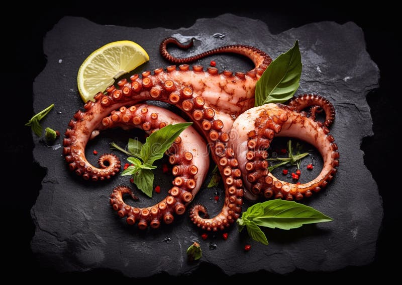 Gegrillter, schmackhafter Oktopus mit Basilikum und Zitrone auf schwarzem Steinbrett Hintergrund Makroai generativ vektor abbildung