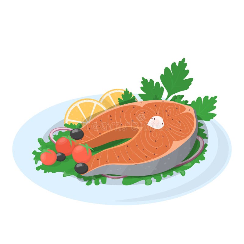Gegrilltes Lachssteak auf der Platte mit Zitrone und Tomate vektor abbildung Gegrilltes Lachssteak auf der Platte mit Zitrone und Tomate vektor abbildung