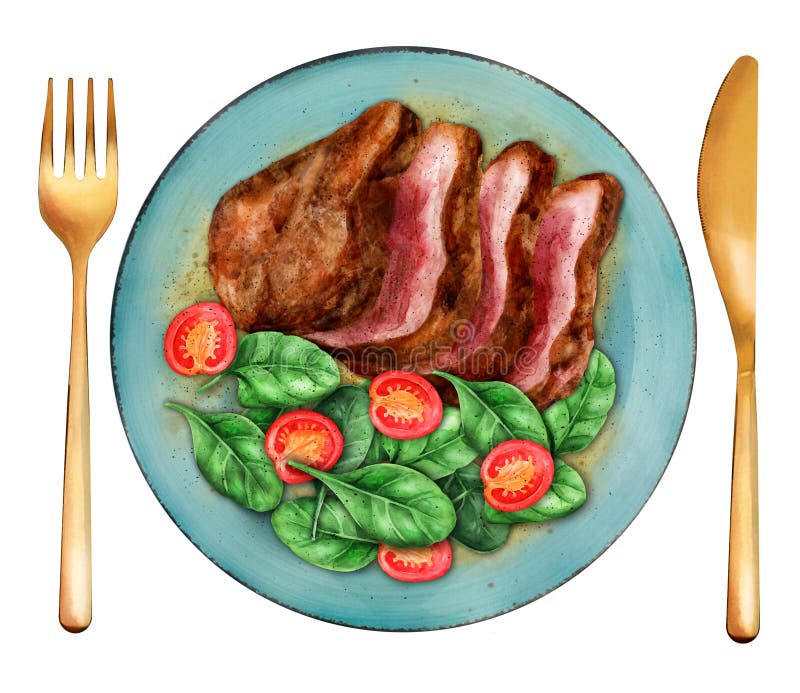 Gegrilltes Rindersteak mit Salat. Aquarell vektor abbildung