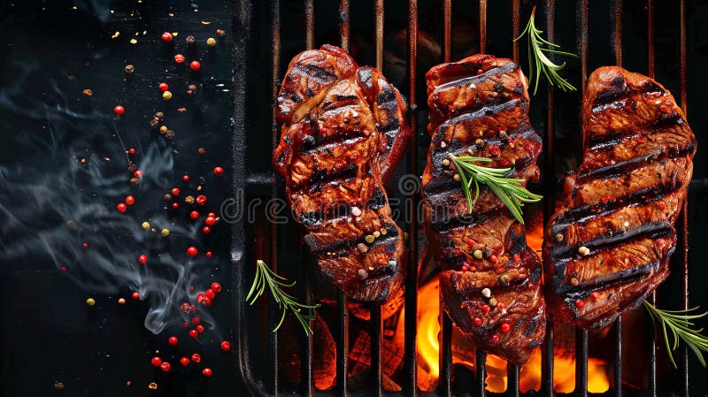 Gegrilltes Rindssteaks auf Grillgrill mit Flammen und Kräutern. saftiges und leckeres Fleisch. perfekt für Grillen und BBQ Themen stockfotos