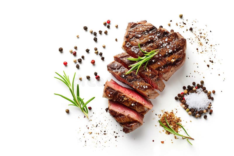 Gegrilltes, saftig geschnittenes Rindfleisch Rippensteak mit Kräuter und Gewürzen isoliert auf weiß lizenzfreie abbildung