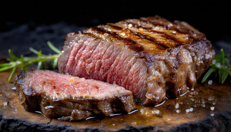 Gegrilltes, saftig geschnittenes Rindfleisch Rippensteak mit Kräutern auf dem Schneidebrett vektor abbildung
