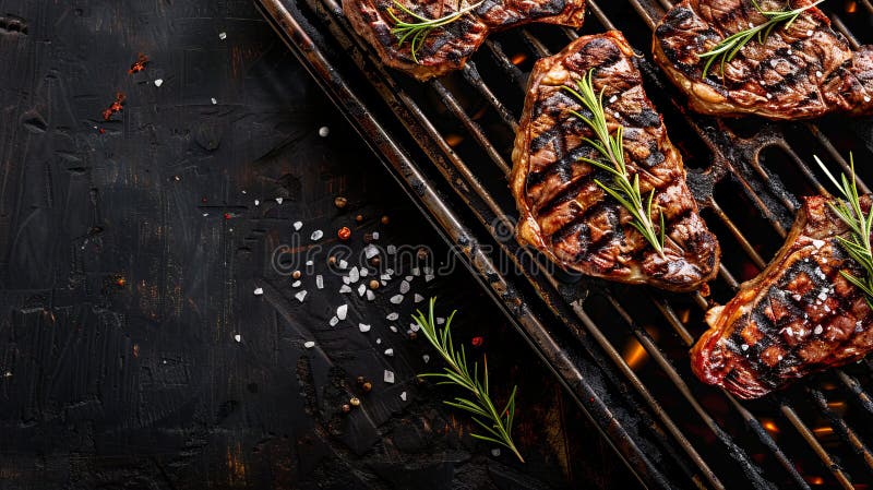 Gegrilltes Steak mit Rosmarin auf Grillgerichten. leckerer Grillabend. Schließung von sukkulentem Fleisch mit Grillmarken lizenzfreie stockfotografie