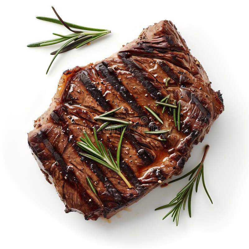 Gegrilltes Steak mit Rosmarin auf weißem Hintergrund. leckeres und saftiges Fleischgericht. Foto mit hochwertigen Lebensmitteln. i lizenzfreie stockbilder