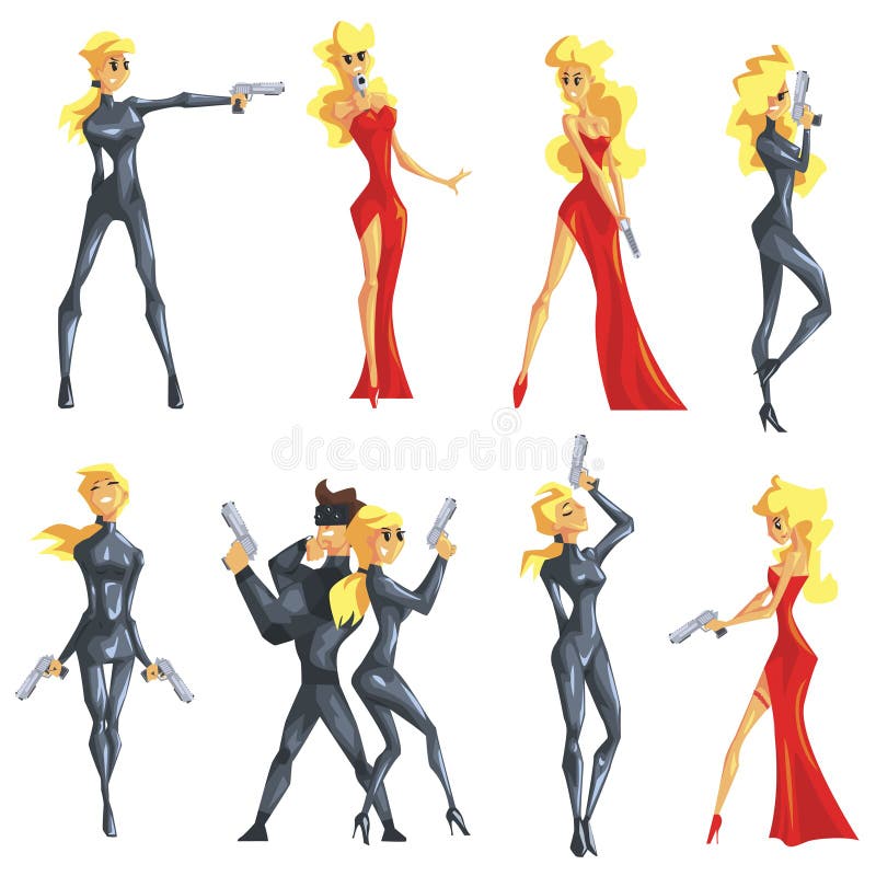 Secret Service Female Agent Undercover. Blond Woman Professional Asset In Red Fancy Dress And On Duty. Cartoon Hero Crime Fighter Character Colorful Vector Illustration Collection. Secret Service Female Agent Undercover. Blond Woman Professional Asset In Red Fancy Dress And On Duty. Cartoon Hero Crime Fighter Character Colorful Vector Illustration Collection.