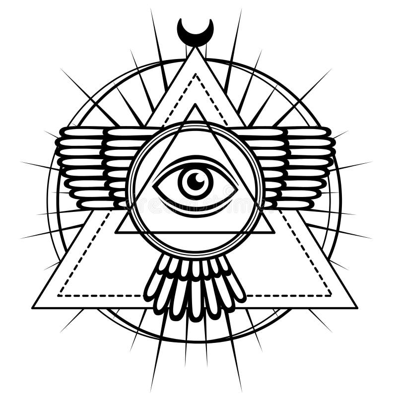 Geheimes Symbol: geflügelte Pyramide, Wissensauge, heilige Geometrie vektor abbildung Geheimes Symbol: geflügelte Pyramide, Wissensauge, heilige Geometrie vektor abbildung