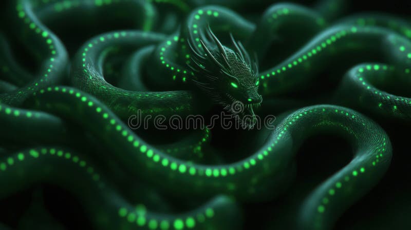 Geheimnisvoller Cyberdrache : Quantenverschlüsselung und Blockchain-Symbolik. Eine digitale Darstellung eines glühenden serpentinen Cyberdrachen, der die Quantenverschlüsselung und Blockchain-Technologie symbolisiert. Lichtskala und komplizierte Details rufen ein Gefühl von Mysterium und Innovation hervor