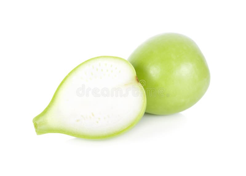Gehele en halve besnoeiings verse kalebasboom op witte achtergrond stock fotografie Gehele en halve besnoeiings verse kalebasboom op witte achtergrond stock fotografie