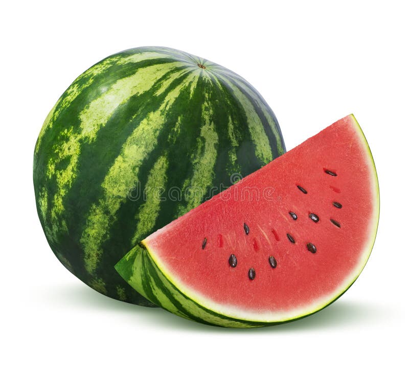 Gehele watermeloen en plak op witte achtergrond