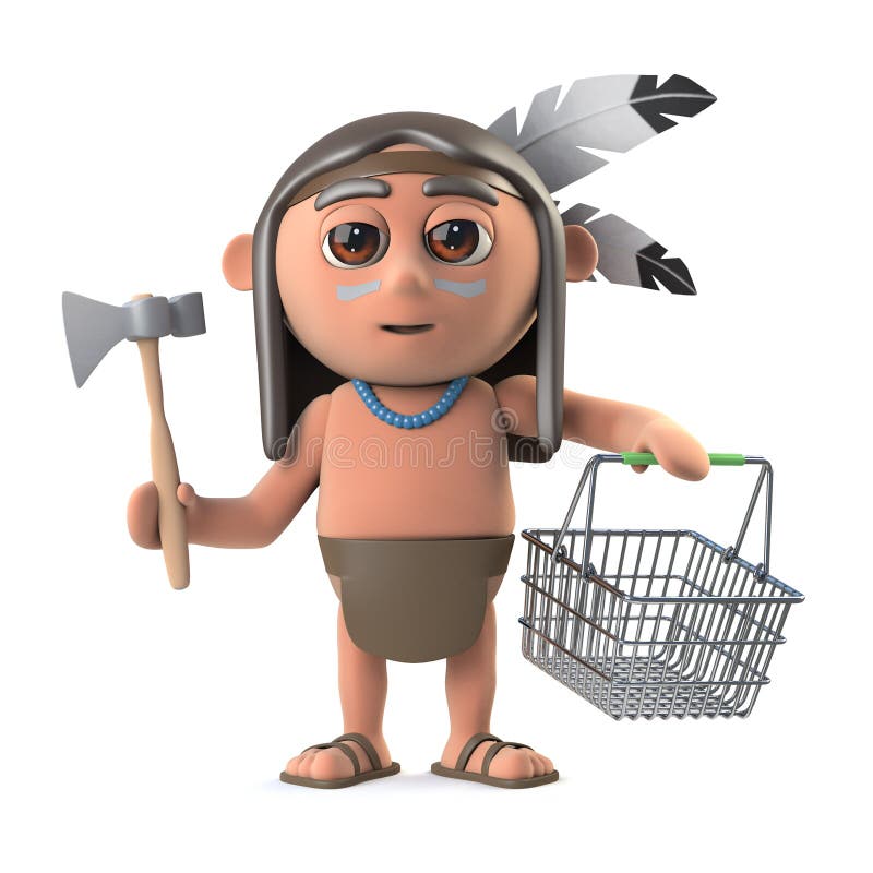 3d render of a funny cartoon Native American Indian boy holding a shopping basket and his war axe. 3d render of a funny cartoon Native American Indian boy holding a shopping basket and his war axe