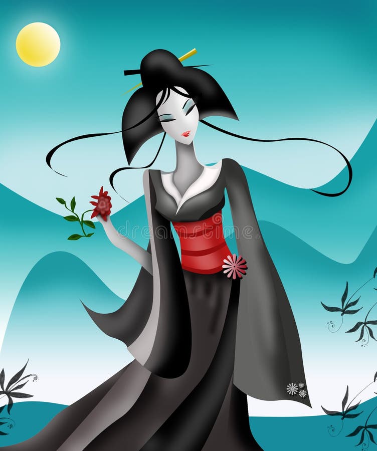 Geisha holding flower on mountain background. Geisha holding flower on mountain background