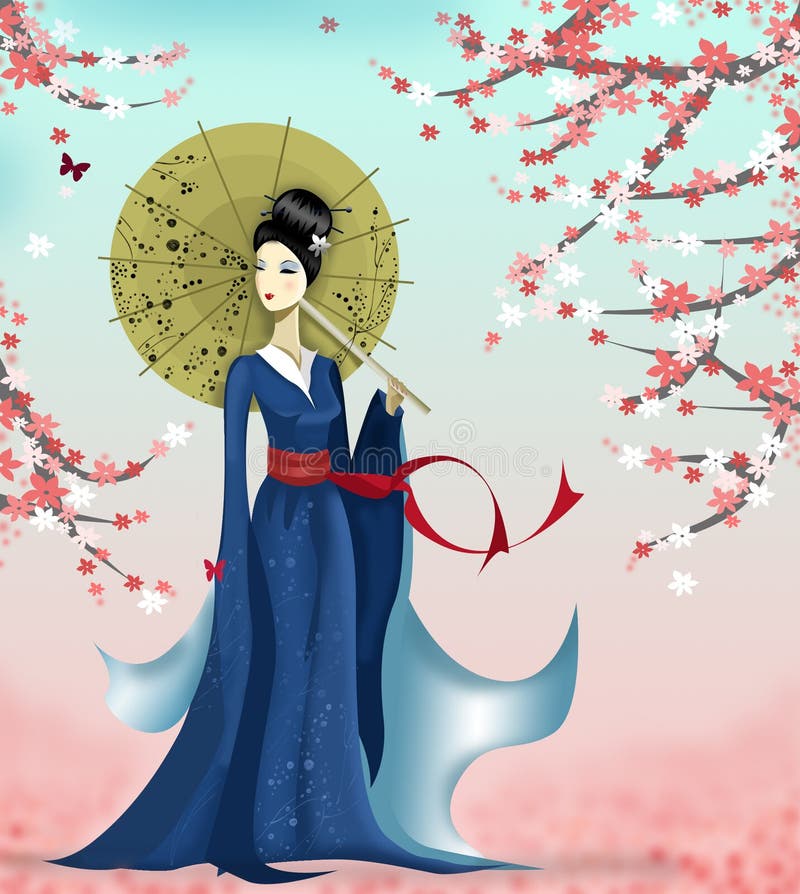 Vector illustration. Japanese geisha with parasol looking at butterfly. Vector illustration. Japanese geisha with parasol looking at butterfly.