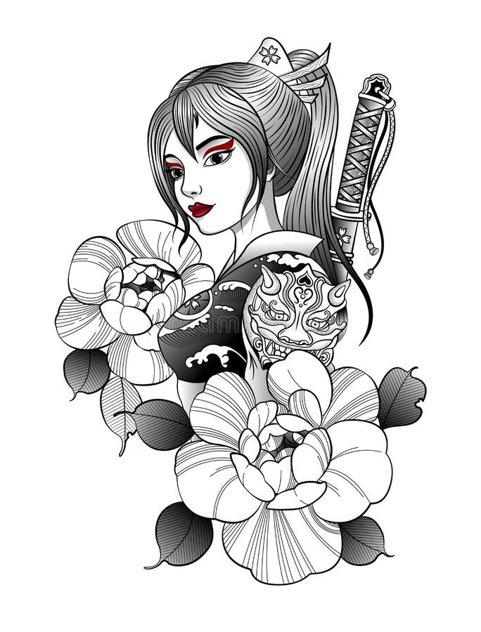 geisha samurai katana behind her stands flowers samurai girl katana behind her back 185926047