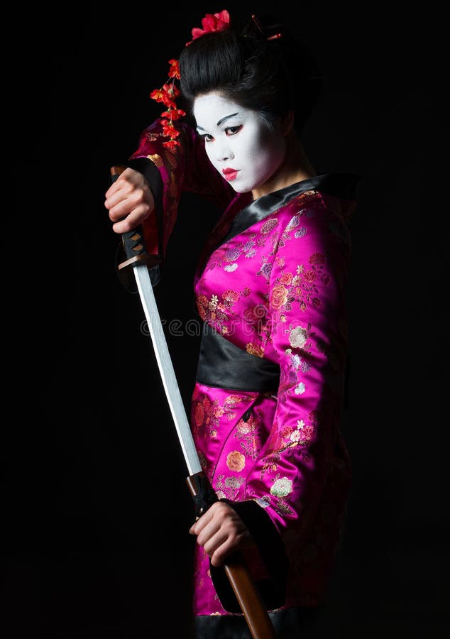 Geisha Warrior Pulls Out Sword Of Sheath Stock Photo 