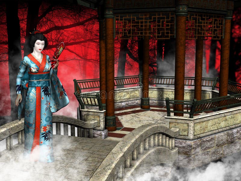 Geisha Woman, Rood Forest Illustration