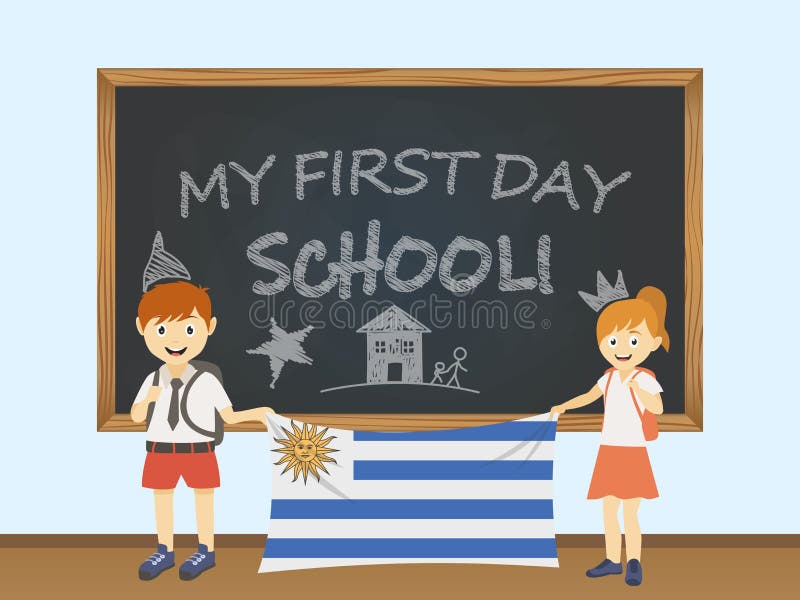 Gekleurde glimlachende kinderen, jongen en meisje, die een nationale vlag van Uruguay achter een illustratie van de schoolraad ho stock illustratie Gekleurde glimlachende kinderen, jongen en meisje, die een nationale vlag van Uruguay achter een illustratie van de schoolraad ho stock illustratie